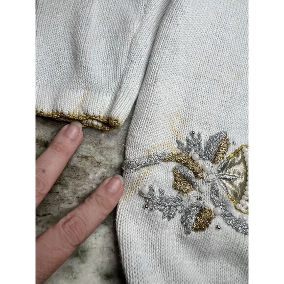 Vintage Victoria Jones White Ugly Christmas Sweater Tree Silver Gold Size L - Picture 6 of 12